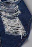 Tiefblaue, modische, lässige, solide, zerrissene Umlegekragen-Langarm-Jeansjacke
