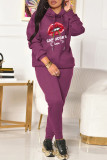 Púrpura casual estampado patchwork básico cuello con capucha manga larga dos piezas