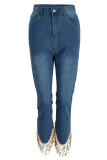 Голубые модные повседневные лоскутные джинсы скинни с высокой талией и кисточками