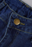 Diepblauwe modieuze casual effen gescheurde skinny denim jeans