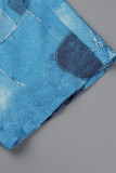 Combinaisons mode casual imprimé patchwork col rabattu régulier bleu