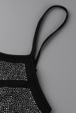 Black Fashion Sexy Plus Size Patchwork Hot Drilling Doorschijnende Backless Spaghetti Band Mouwloze Jurk
