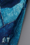 Синее модное повседневное платье-рубашка в стиле пэчворк с отложным воротником и принтом
