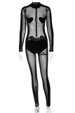 Zwarte sexy patchwork doorschijnende skinny jumpsuits met halflange coltrui
