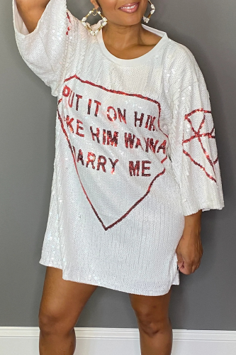 White Street Print Letter O Neck Straight Dresses