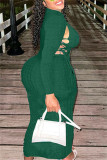 Groen sexy casual effen uitgehold frenulum coltrui lange mouwen jurken