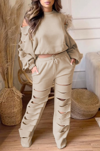 Camel Casual Street Solid Hollowed Out Patchwork O Neck Long Sleeve Two Pieces