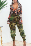 Camouflage Casual Street Camouflage Print Ripped Patchwork Rechte hoge taille Full Print Bottoms