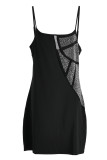 Vestido sin mangas con correa de espagueti sin espalda transparente con perforación en caliente de retazos de talla grande a la moda negro