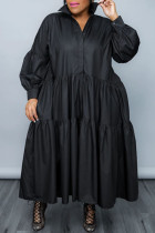 ブラック カジュアル ソリッド パッチワーク ボタン フォールド ターンダウン カラー シャツ ドレス プラス サイズ ドレス