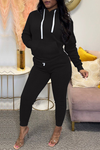 Black Casual Solid Patchwork Hooded Collar Long Sleeve Two Pieces