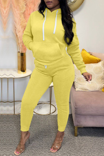 Yellow Casual Solid Patchwork Hooded Collar Long Sleeve Two Pieces