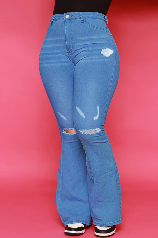 Jeans jeans regular azul médio casual sólido rasgado cintura alta