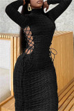Черные сексуальные повседневные однотонные платья с длинными рукавами и водолазкой с уздечкой