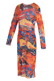 Colour Fashion Casual Print Patchwork O Neck Long Sleeve Plus Size Dresses
