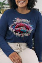 Marineblaue, lässige, mit Lippen bedruckte Patchwork-Oberteile mit O-Ausschnitt