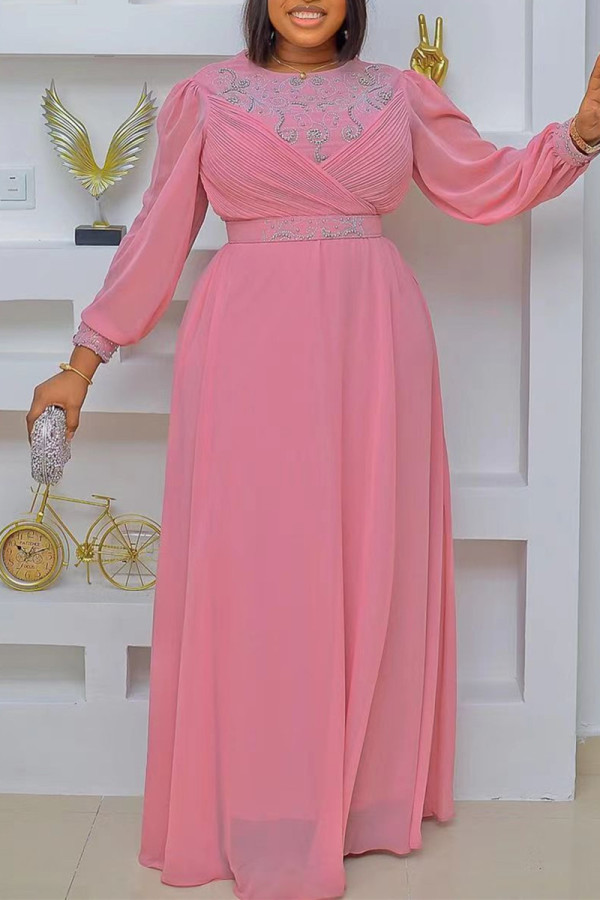ピンク カジュアル パッチワーク ホット ドリル O ネック ロング スリーブ プラス サイズ ドレス