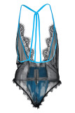 Lingerie sexy senza schienale trasparente con patchwork solido blu di moda