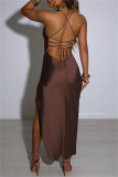 Vestido sin mangas con correa de espagueti con abertura de patchwork sólido sexy marrón