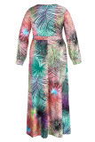 イエローファッションカジュアルプリントパッチワーク小帯スリットVネック長袖プラスサイズのドレス