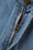 Ljusblå Casual Solid Ripped Patchwork Hög midja Rak Enfärgad Plus Size jeansshorts