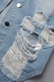 Ljusblått Mode Casual Solid Ripped Turndown-krage Långärmad vanlig jeansjacka