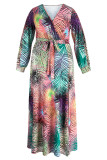 Vert Fashion Casual Print Patchwork Frenulum Slit V Neck Long Sleeve Plus Size Dresses
