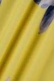 Macacão tamanho grande atadura amarela casual estampa patchwork decote em V
