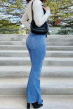 Jeans jeans regular azul médio casual sólido rasgado cintura alta
