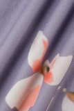 Macacão roxo com estampa casual patchwork decote em V plus size