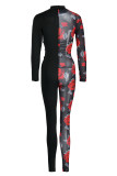 Multicolor Fashion Sexy Patchwork See-through Turtleneck Skinny Jumpsuits