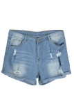 Pantalones cortos casuales de mezclilla rasgados lisos de cintura alta de color sólido recto de talla grande azul claro