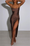 Vestido sin mangas con correa de espagueti con abertura de patchwork sólido sexy marrón
