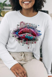 Navy Blue Casual Lips Printed Patchwork O Neck Tops