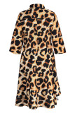 Leopardtryck Mode Casual Print Patchwork Turndown-skjortklänning med krage