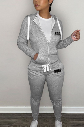Grey Casual Print Patchwork Hooded Collar Long Sleeve Two Pieces