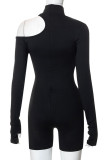 Black Sexy Solid Patchwork Half A Turtleneck Skinny Rompers