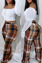 Pantalones casuales de cintura alta con estampado de cuadros a cuadros marrón