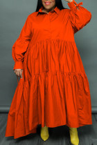 Orange-rotes beiläufiges festes Patchwork-Knöpfe-Falten-Umlegekragen-Hemd-Kleid plus Größen-Kleider