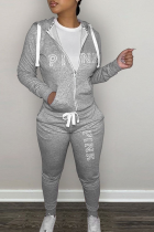 Grey Street Print Patchwork Hooded Collar Long Sleeve Two Pieces