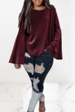 Burgundy Casual Solid Patchwork O Neck Tops