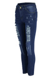 Jeans de mezclilla ajustados rasgados sólidos casuales de moda azul profundo