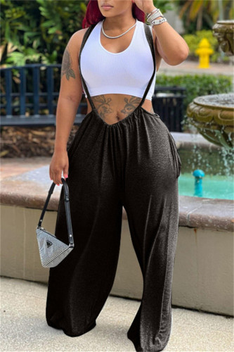 Black Casual Solid Backless Spaghetti Strap Regular Jumpsuits (Without Vest)