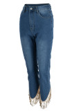 Lichtblauwe modieuze casual patchwork kwastje hoge taille skinny denim jeans