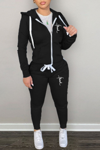 Black Casual Print Patchwork Hooded Collar Long Sleeve Two Pieces