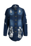 Giacca di jeans regolare a maniche lunghe con colletto rovesciato strappato casual alla moda blu chiaro