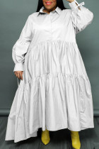 Vestido branco casual patchwork sólido botões dobráveis ​​gola virada para baixo vestidos plus size