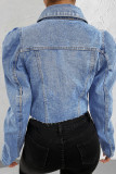 Голубой повседневный однотонный лоскутный кардиган с отложным воротником и длинными рукавами, обычная джинсовая куртка