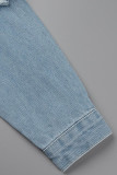 Giacca di jeans regolare a maniche lunghe con colletto rovesciato strappato casual alla moda blu chiaro
