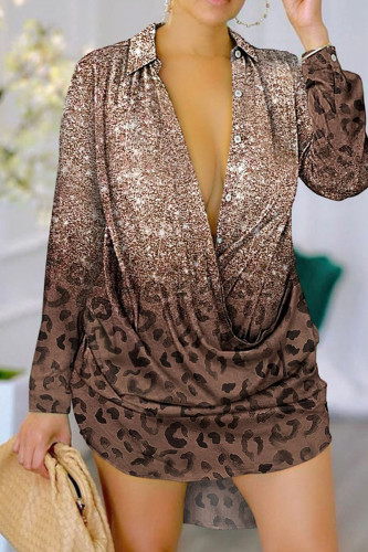 Leopard Print Casual Print Patchwork Buckle Turndown Collar Straight Dresses
